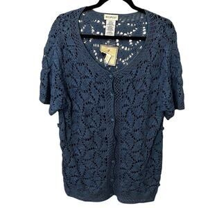 White Stag Vintage Blue Crochet Cardigani Sweater Size Large 12 / 14 Granny Knit